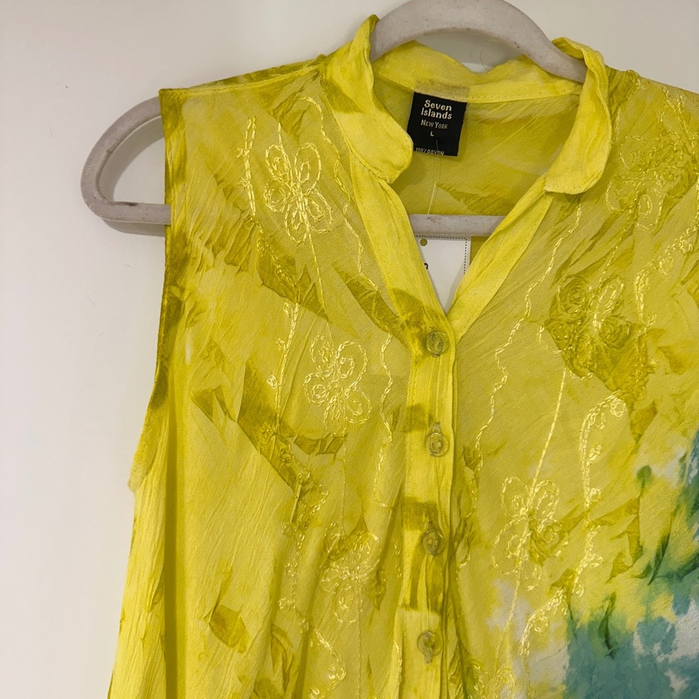 Seven Islands Tie Dye Embroidered Sharkbite Dress Womens L Yellow Teal | Boho - Picture 2 of 8
